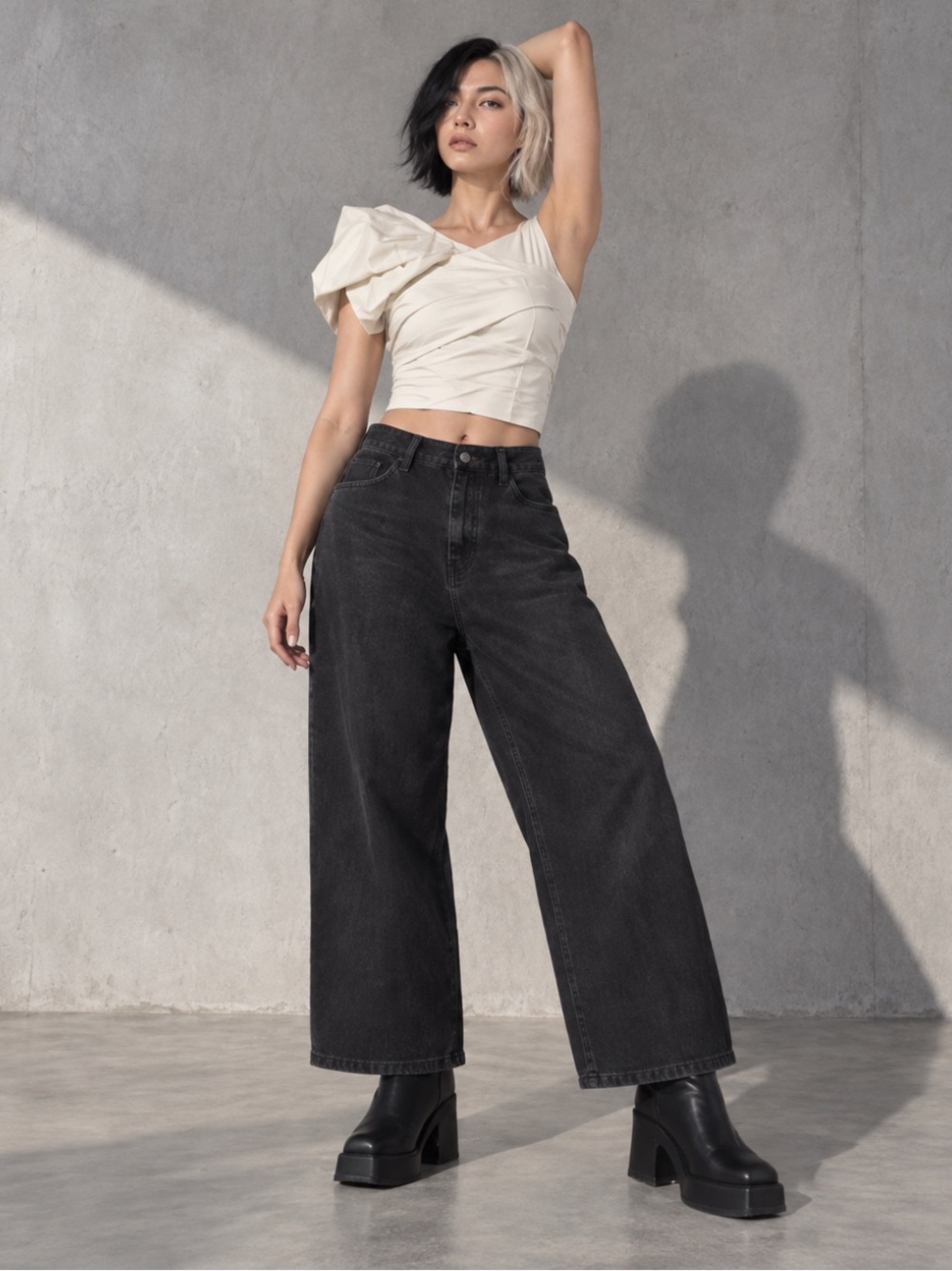 Black Wide Leg Jeans Approx 30 Waist High Rise Baggy Diagonal Seam